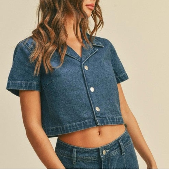 Miou Muse denim button down crop top size medium - Picture 1 of 7